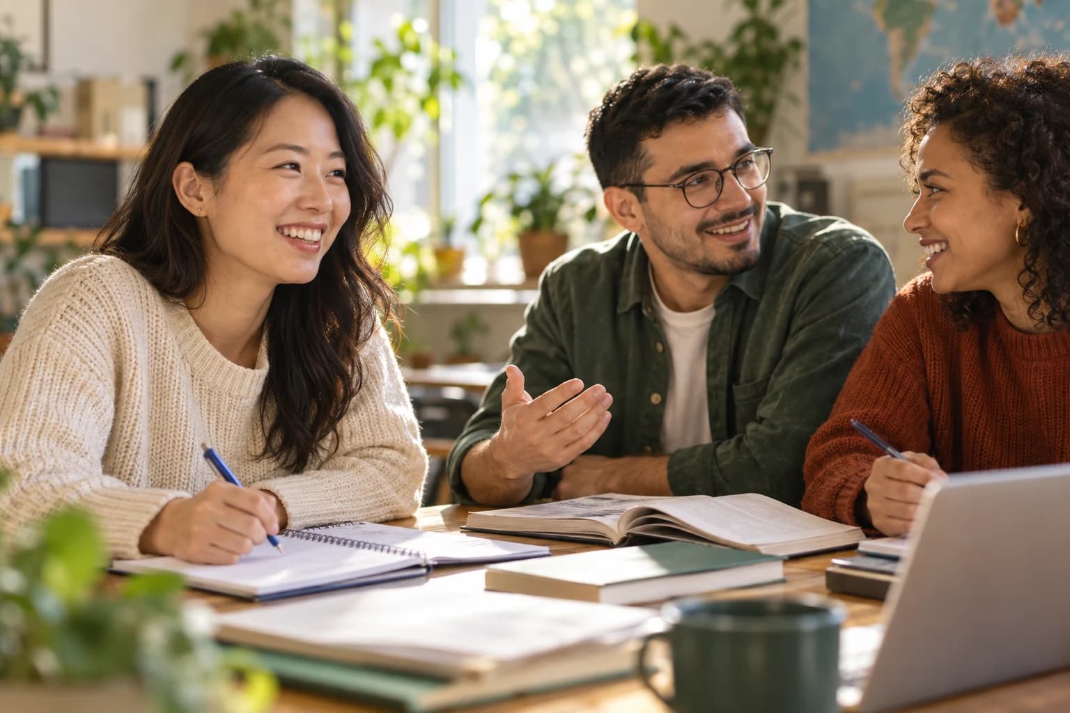 Adult learners sharing a conversation in a language class