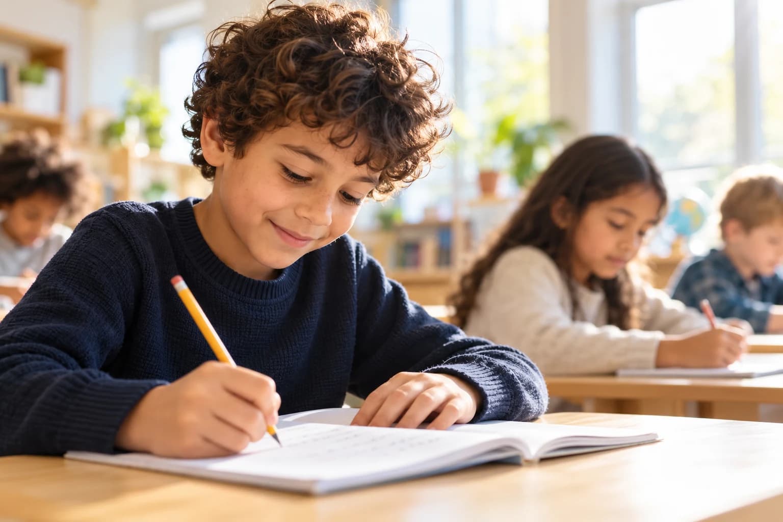 A child enjoying a writing activity in a bright classroom