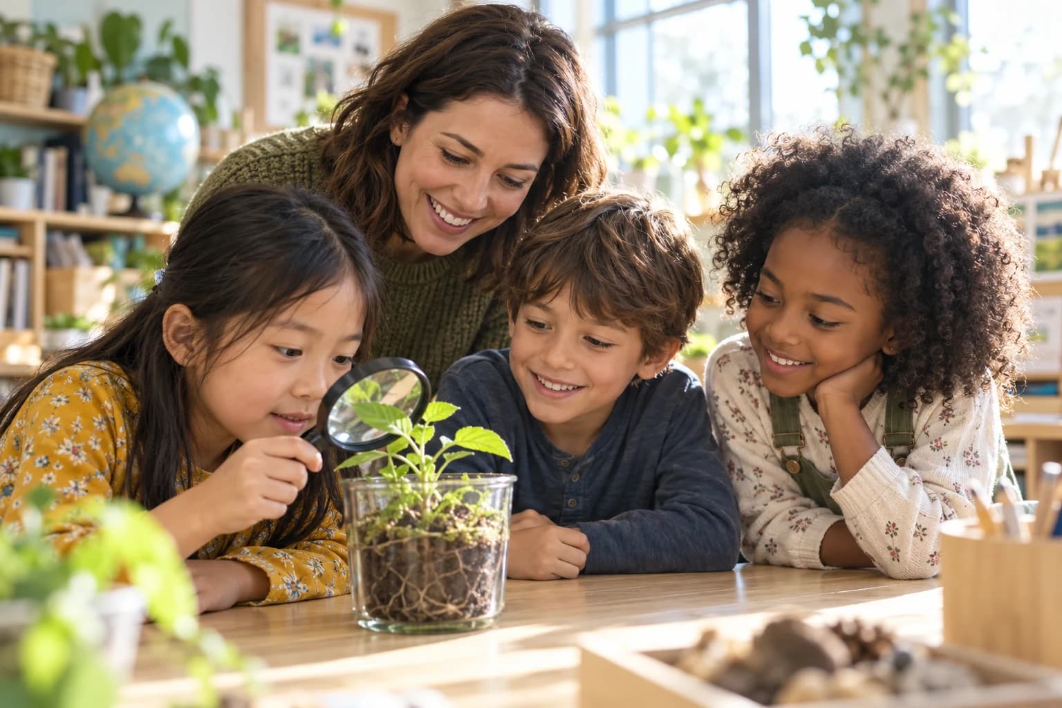 A teacher and children exploring a plant together in a sunlit classroom