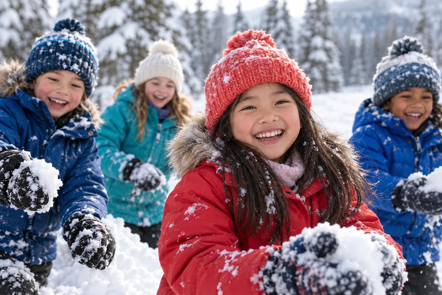 Children bundled up and enjoying a winter activity together